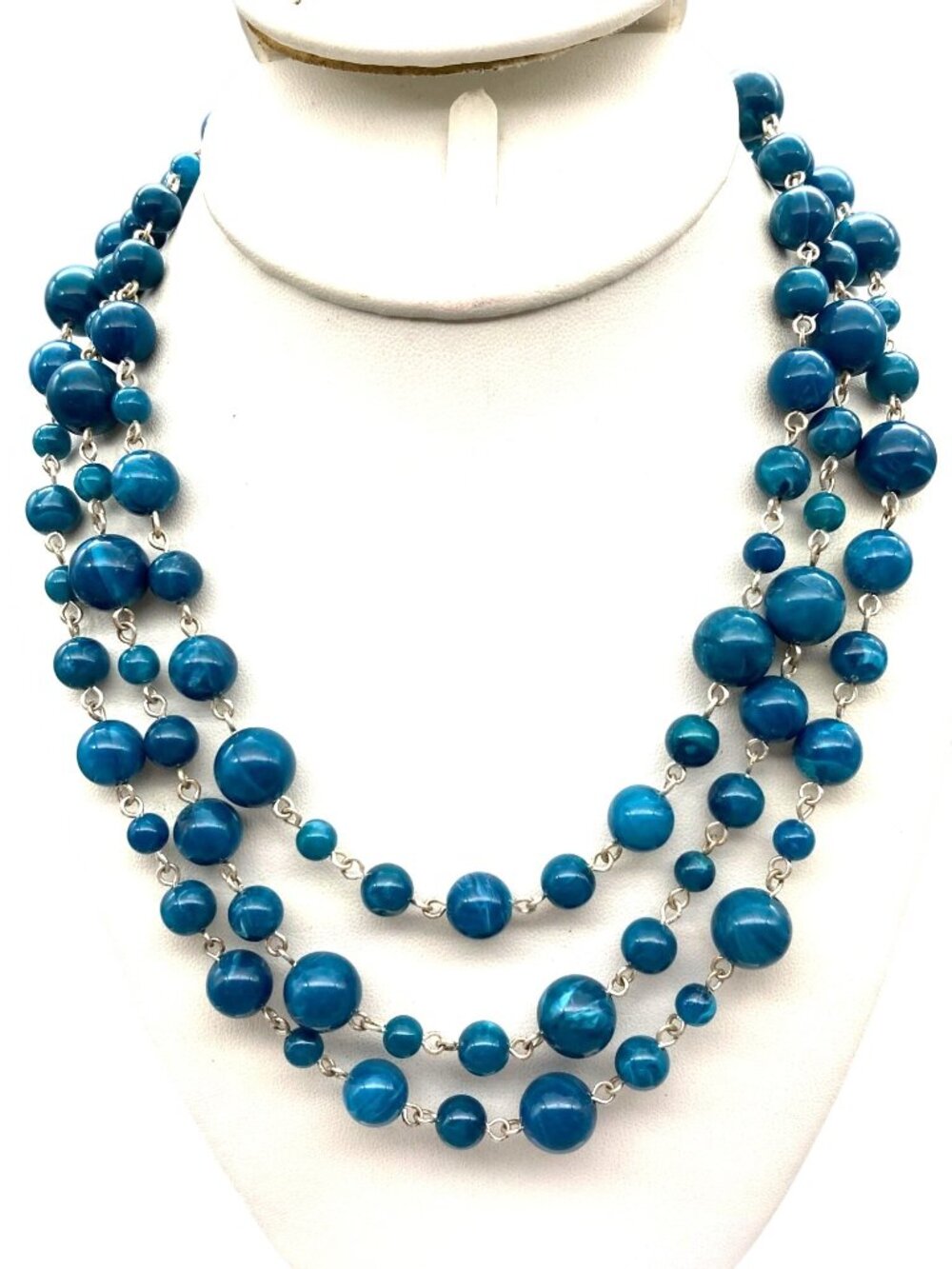 Vintage Dana Buchman Triple Strand Beaded Necklace, Silver Tone and Marbled Blue